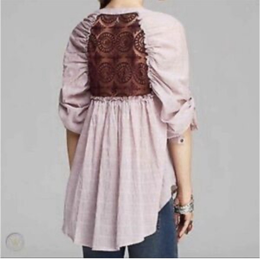 Free People Lace Back Striped Button Up Puffy Sleeves Shirt Small Bohemian